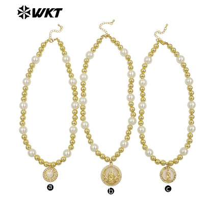 WT-JN304 Hot Sales 18K Gold Plated Natural Brass Round Beads Religious Bodhi Pearl Shell Necklace for Women As Daily Decoration