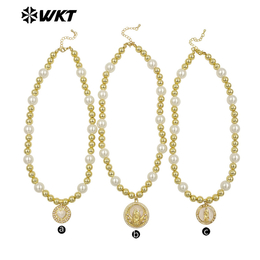 WT-JN304 Hot Sales 18K Gold Plated Natural Brass Round Beads Religious Bodhi Pearl Shell Necklace for Women As Daily Decoration