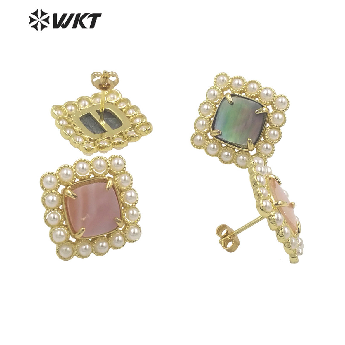 WT-MPE119 Latest Design Fashion Square Shape Claw Setting With Natural Shell Inner Gold Plated Women Studs