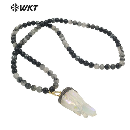WT-N1279 Wholesale Black Gun Electroplated Aura Crystal Quartz Beads Necklace Amazing Spirit Quartz Stone Necklace