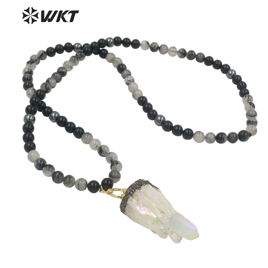 WT-N1279 Wholesale Black Gun Electroplated Aura Crystal Quartz Beads Necklace Amazing Spirit Quartz Stone Necklace
