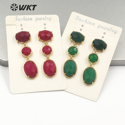 WT-E690 Amazing Gorgeous Fashion Triple Stone Earrings Precious 18k Real Gold Plated Resist Tarnish Prong Setting Dangle Studs
