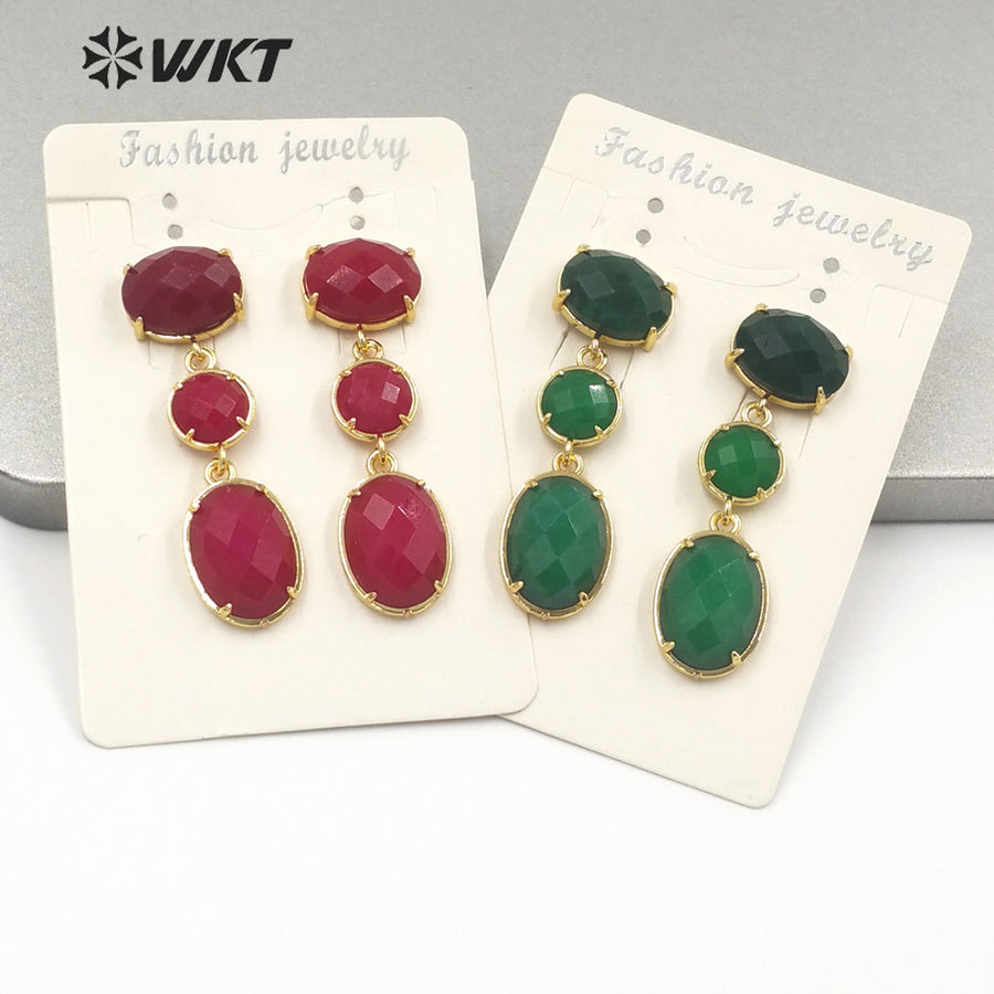 WT-E690 Amazing Gorgeous Fashion Triple Stone Earrings Precious 18k Real Gold Plated Resist Tarnish Prong Setting Dangle Studs