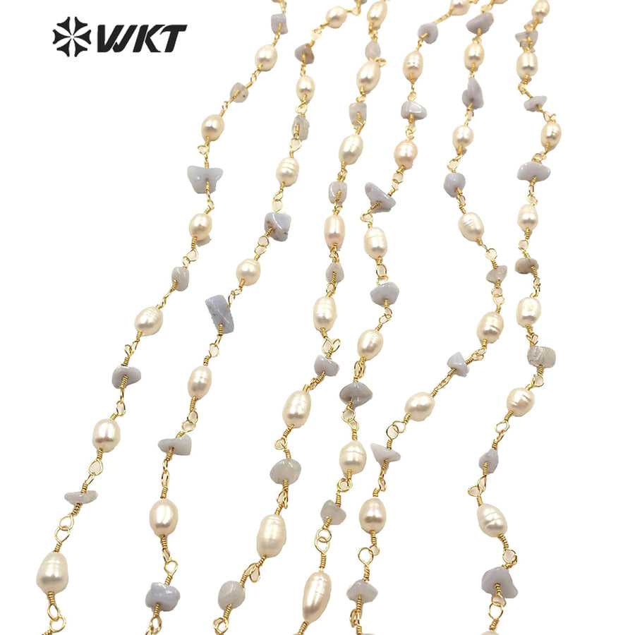 WT-RBC166 Fashion Gold Electroplated Non Tarnishable Pearl and Stone Mix Beads Rosary Chain Findings Lady Necklace Chain