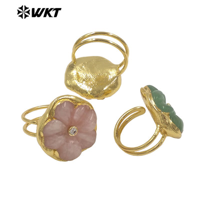 WT-R611 Exquisite Hot Sale Gold Plated Zircon And Natural Gemstones Carved Flower Shape Rings For Friends Birthday Jewelry Gift