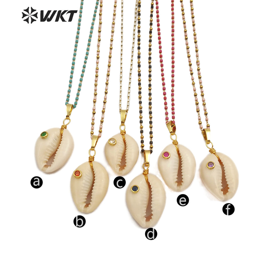 WT-JN096 Wholesale Fashion Jewelry Natural Cowrie Necklace with Cz Stone Colorful Cz Stone Necklace Can Choose