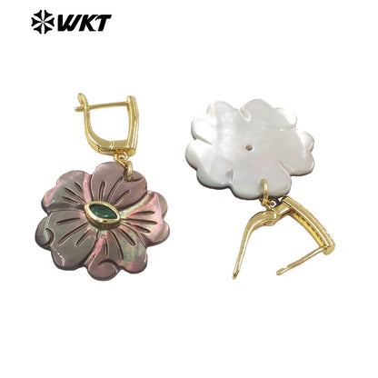 WT-MPE179 Romantic Style Gold Plated Zircon And Natural Shell Flower Shape Pendant Earrings For Girls Party Wearing Jewelry