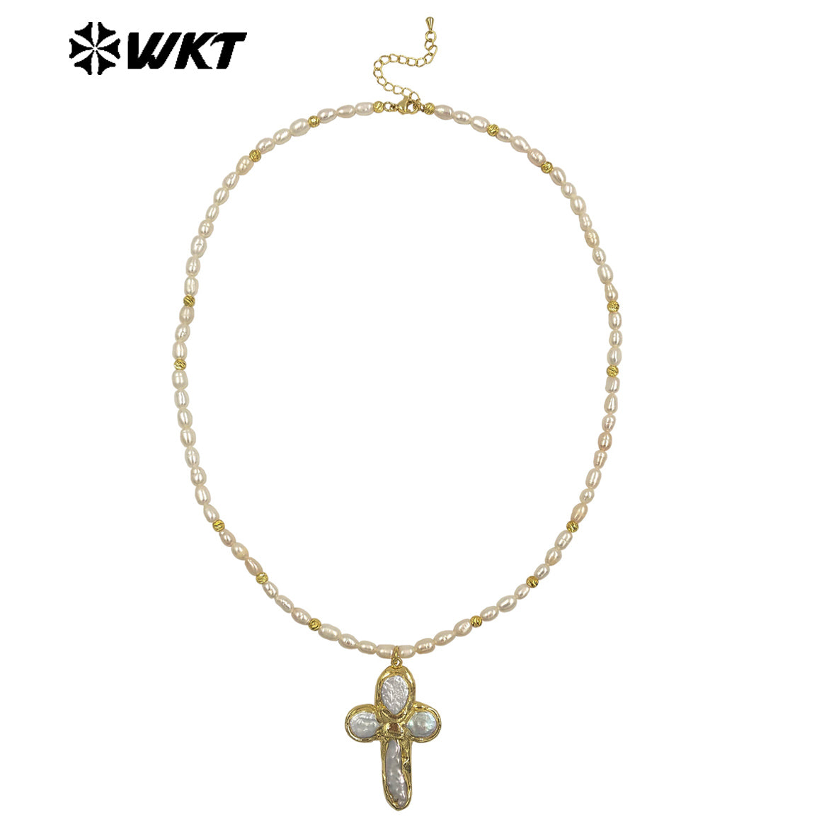 WT-JN370 Good Quality Trendy Gold Electroplated Natural Pearl Chain And Cross Pendant Women Necklace As Elegant Jewelry Gift