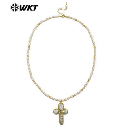 WT-JN370 Good Quality Trendy Gold Electroplated Natural Pearl Chain And Cross Pendant Women Necklace As Elegant Jewelry Gift
