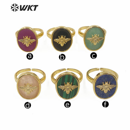 WT-R353 Unique Design Natural Stone Insect Charm Ring Oval Gemstone Ring Fashion Jewelry Multicolor Adjustable Ring