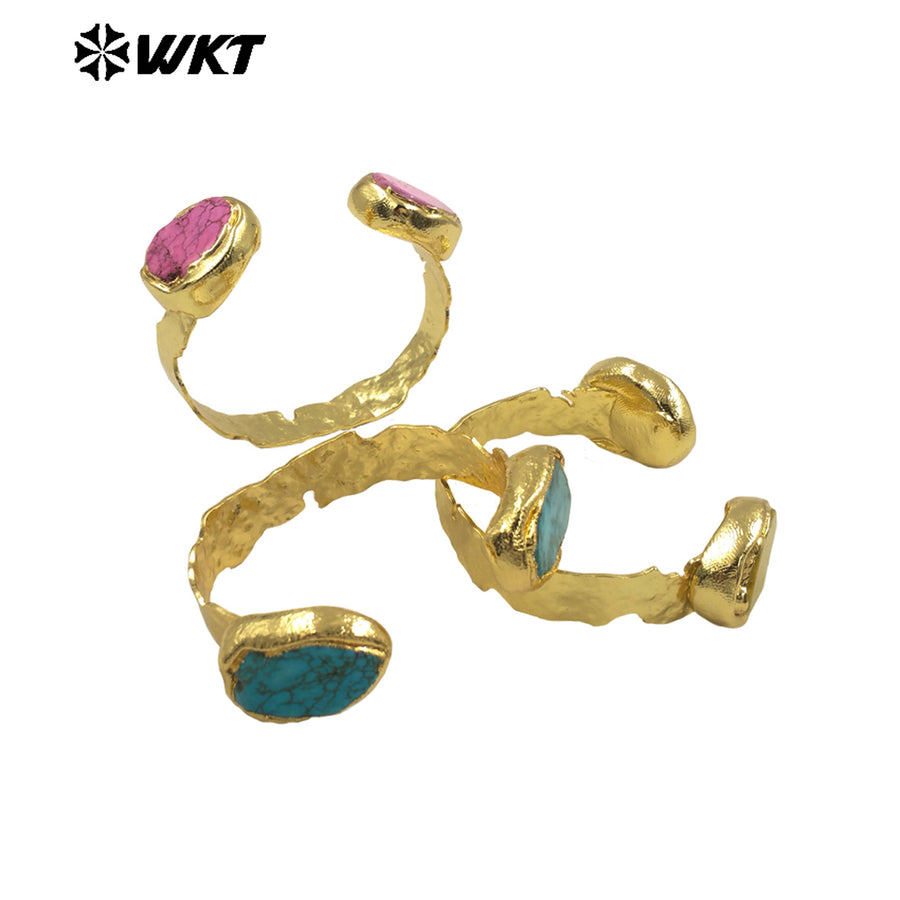 WT-B694 Fashionable Couple Jewelry in Colorful Turquoise Grain Double Stone With 18k Gold Plated Can Be Adjustable Bangle