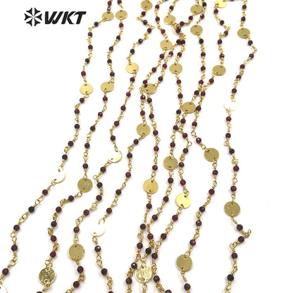 WT-RBC146 Natural Red Garnet Beads Chain Stylish Gold Plated Red Garnet Rosary Beads Chain for DIY Jewelry Making