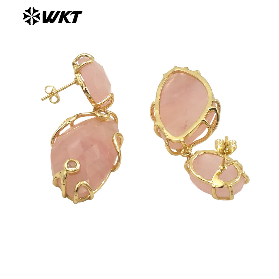 WT-E751 Wholesale New Gorgeous Precious Natural Gemstone Made With Claw Setting Amazonite Rose Quartz Dangle Stone Earrings