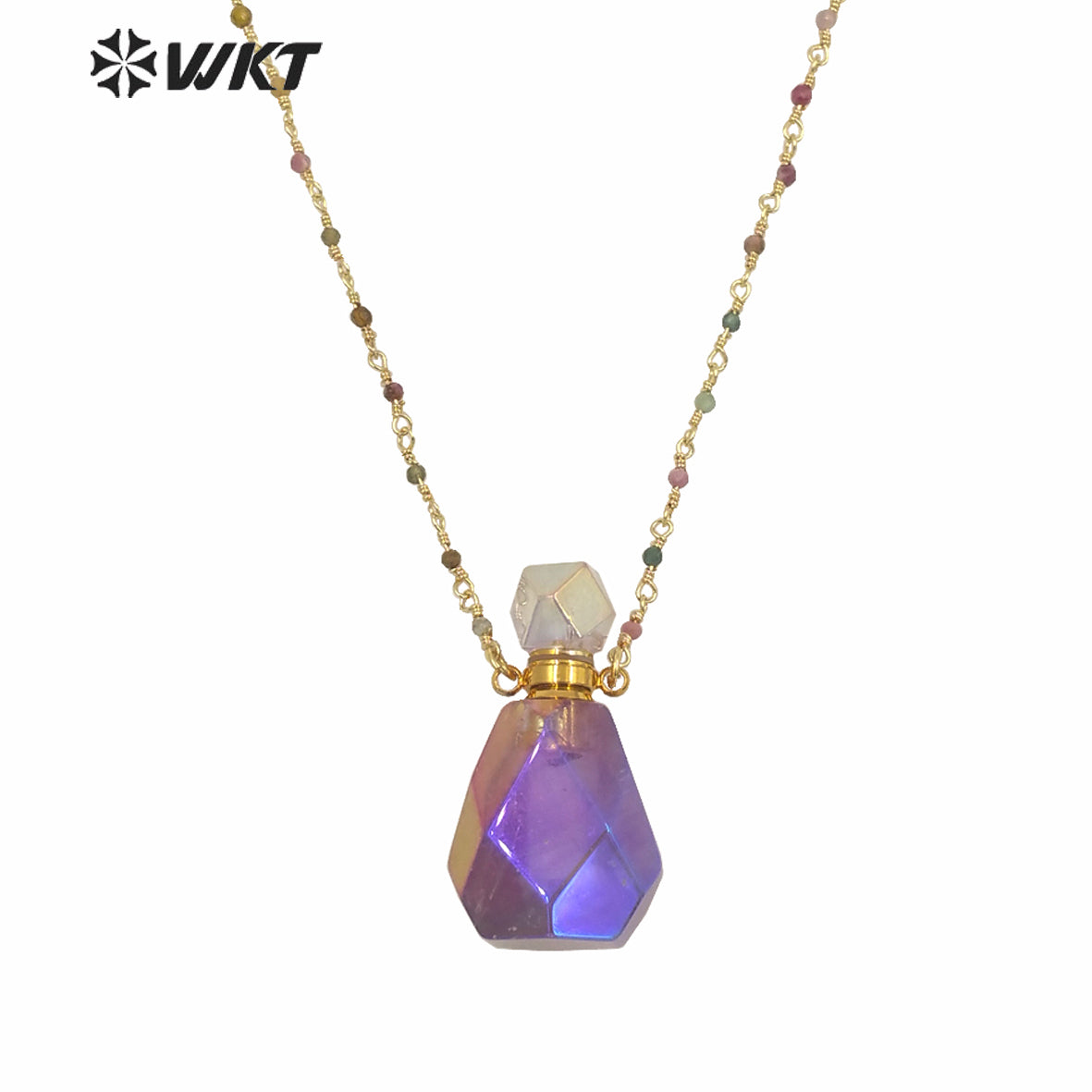 WT-N1236 Amazing Gorgeous Light Purple Titanium Coated Natural Stone Perfume Bottle Necklace Rosary Beads Bottle Necklace