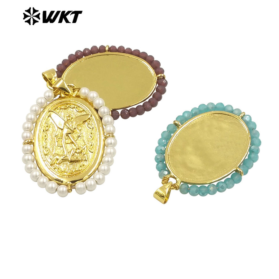 WT-MN990 Fashion Women 18K Real Gold Plated Oval Shape Crystal Wire Wrapped Guardian Angel Necklace for Christian