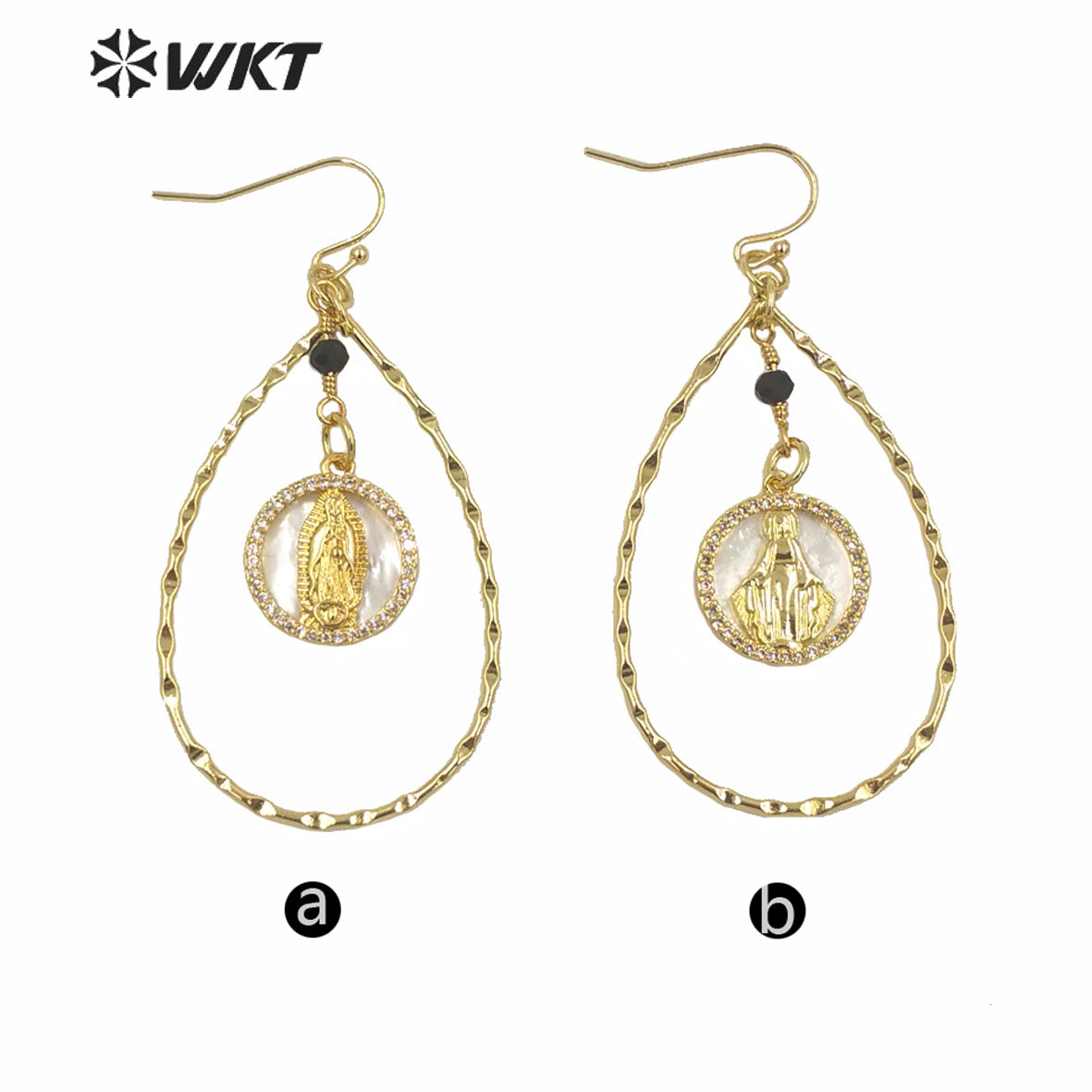 WT-ME080 High Quality Natural Tear Drop Shape Virgin Mary Earrings Gold Electroplated MOP Shell Drop Hoop Earrings for Girl