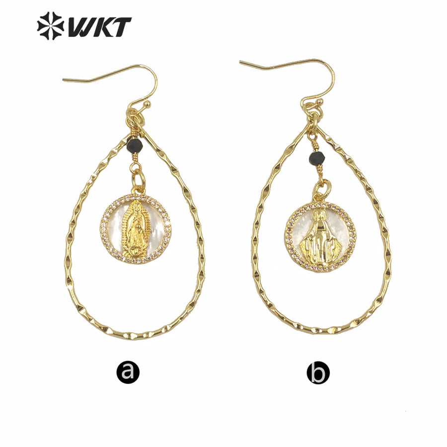 WT-ME080 High Quality Natural Tear Drop Shape Virgin Mary Earrings Gold Electroplated MOP Shell Drop Hoop Earrings for Girl