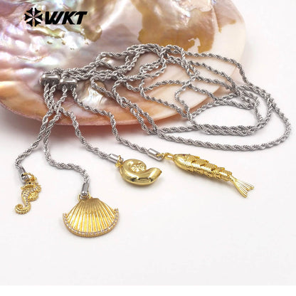 WT-JFN54 Lovely Double Gold Plated Brass And Zircon Shell Fish Charms With Silver Chain Necklace As Women Birthday Gift