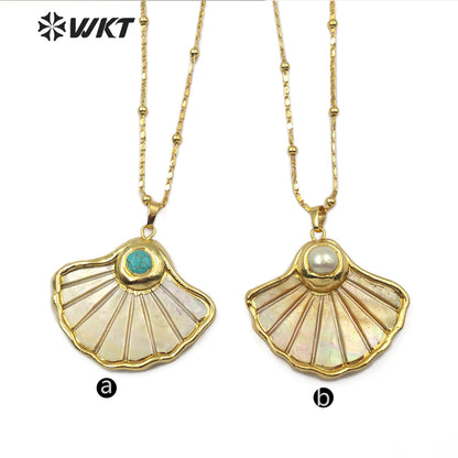 WT-JN067 Light-colored Shell Fan-shaped Top with Pearl Pendant or Turquoise Pendant Embellishment of Gold-plated Necklace