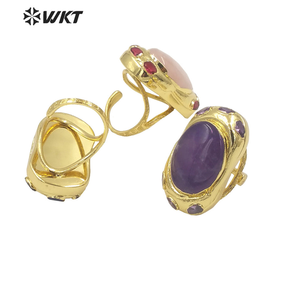 WT-R501 Lovely New Europe Design 18K Real Gold Plated Oval Stone With Zircon Around Unisex Popular Gemstone Ring