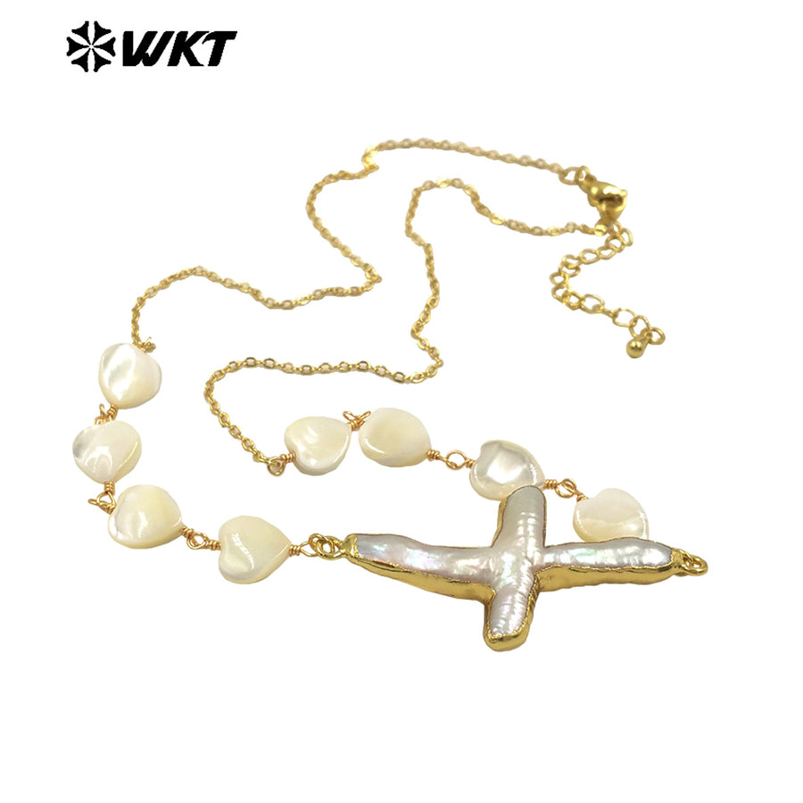 WT-JN301 Wholesale Private Label Religious 18K Gold Plated Love Beads Cross Pendant Women Necklace As Birthday Gift Jewelry