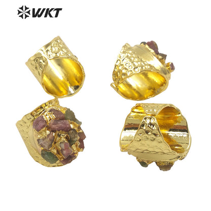 WT-R370 Amazing Bohemian Vintage Natural Tourmaline Raw Stone Ring Women Gold Electroplated Healing Lucky Birthday Jewelry Ring