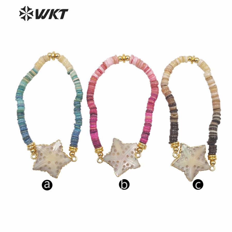 MPB007 Super Chic Women Summer Style Vacation Bracelet Candy Color Natural Shell Beads Bracelet with Sea Star Charms