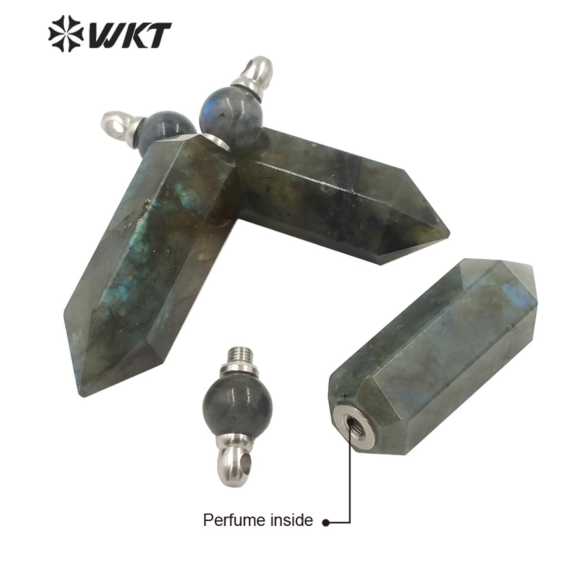 WT-P1619 Amazing Stainless Steel Hexagonal Natural Labradorite Stone Perfume Bottle Pendant Fashion Steel Spirit Point Bottle