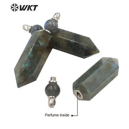 WT-P1619 Amazing Stainless Steel Hexagonal Natural Labradorite Stone Perfume Bottle Pendant Fashion Steel Spirit Point Bottle