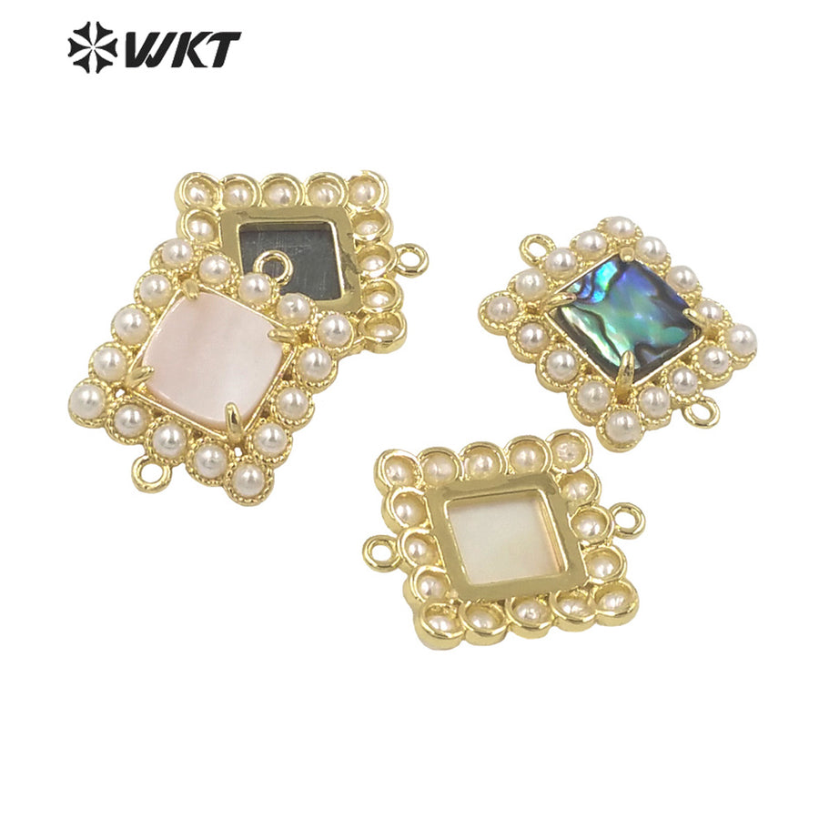 WT-PC003 New Design 18K Gold Plated Double Loops Metal Bezel With Claw Natural Shell Setting Pearl Charms