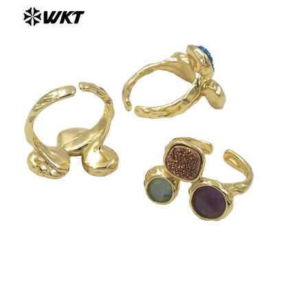 WT-R521 Wholesale 18K Real Gold Plated Triple Druzy Quartz Women Natural Stone Made Birthday Gift Ring