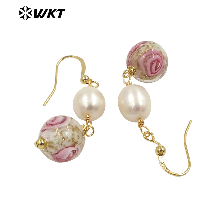 WT-MPE098 Latest Style Colour Glaze & Freshwater Pearl Natural Rose 18k Gold Plated Gift Weeding Romantic Pendant Earrings