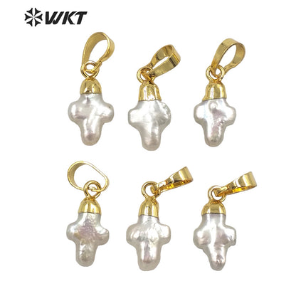 WT-JP246 WKT Newest Natural Freshwater Pearl Cross Pendant Fashion Lady Gold Top Single Loop White Pearl Charm Pendant in Cross