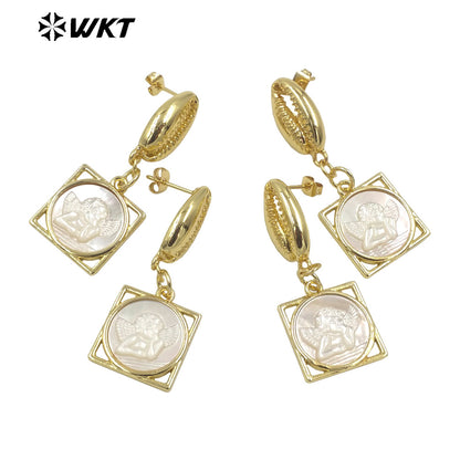 WT-MPE067 Spiral Brass Earring Micro Pave Earring Shape Classic Vintage Pearl Character Pendant Women Pearl Earring
