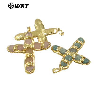 WT-P2005 Wholesale Beautiful Gemstone Religious Pendant Natural Rose Quartz With 18K Gold Plated Cross Shape for Necklace Making