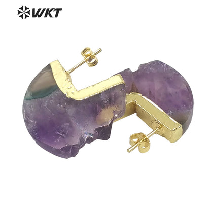 WT-E648 Amazing Fashion Gold Electroplated Moon Shape Slice Amethyst Stone Studs Earrings Women Gorgeous Half Moon Earrings