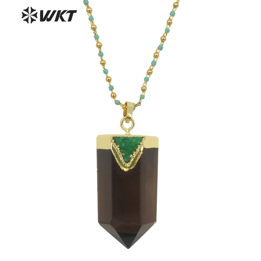 WT-N1291Wholesale Fashion Gold Plated Hexagon Quartz Point Stone Necklace Lady Populared Natural Gemstone Smoky Stone Necklace