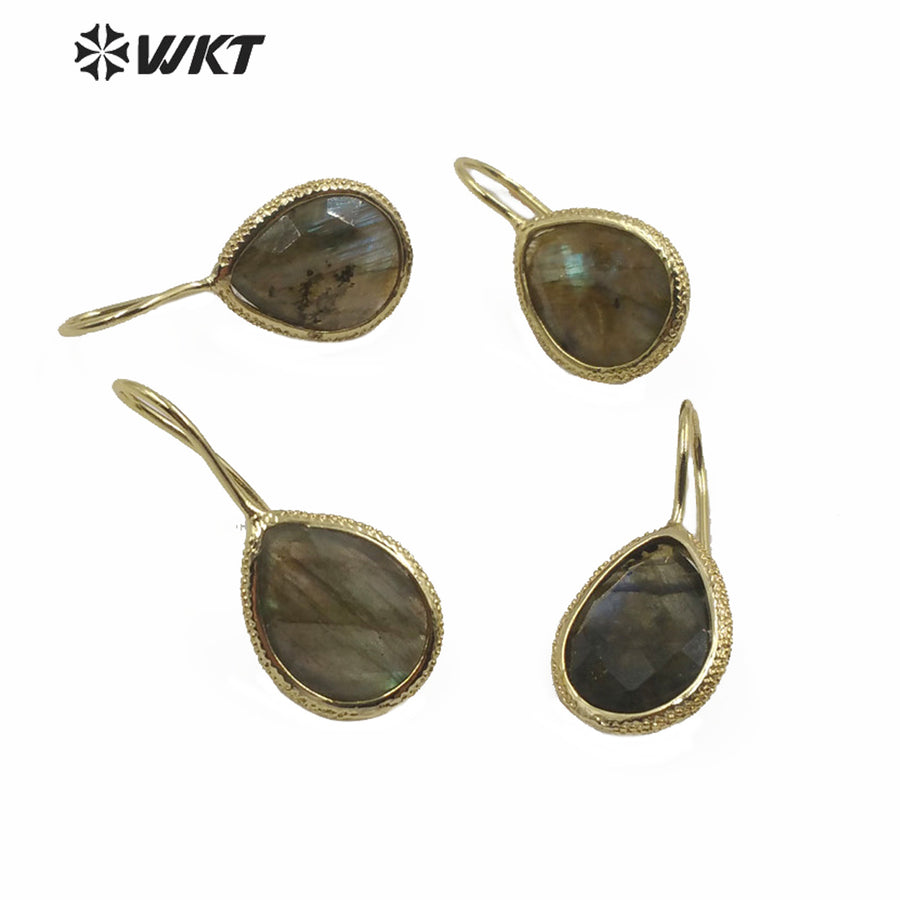 WT-E620 WKT Gold Bezel Tiny Water Drop Shape Labradorite Hoop Earrings Women Fashion Gold Stone Hoop Earrings As Gift