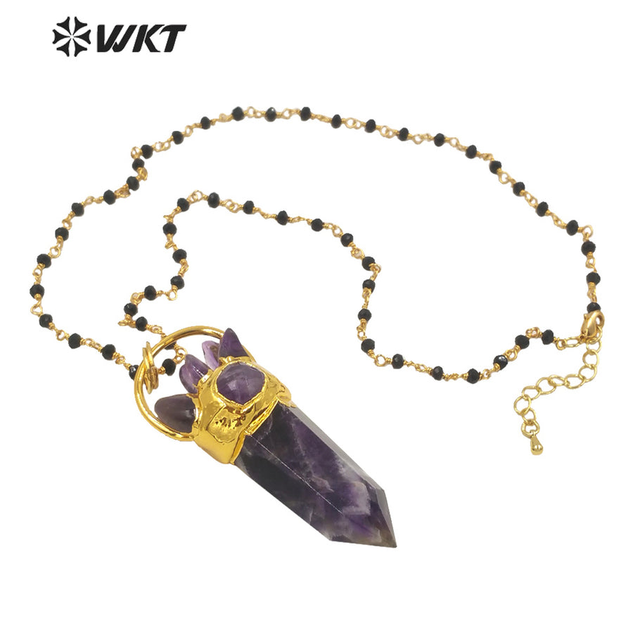 WT-N1274 Gorgeous Big Stone Necklace for Lady Precious Lucky Hexagonal Amethyst Stone Necklace for Birthday Gift