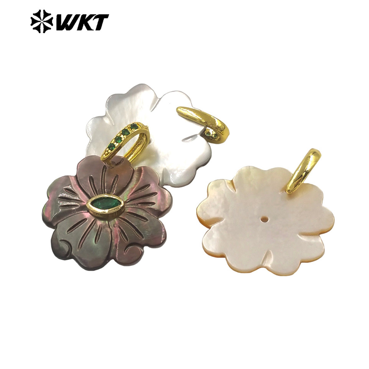 WT-JP485 Exquisite Corolful Zircon And White Shell Carved Flower Shape Gold Pendants For Lady Beautiful Earrings DIY Design