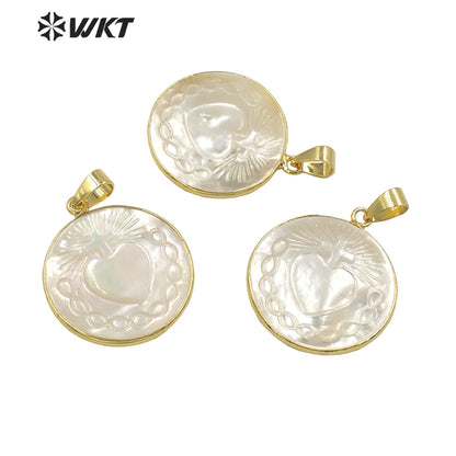 WT-JN181 Women 18k Real Gold Plated Resist Tarnishable Religious Mary Saint Heart Necklace Made of Pearl Shell Necklace