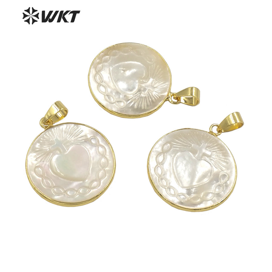 WT-JN181 Women 18k Real Gold Plated Resist Tarnishable Religious Mary Saint Heart Necklace Made of Pearl Shell Necklace