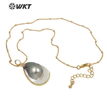 WT-JN145 WKT New Natural Black Mother of Pearl Drop Necklace Fashion Gold Precious Teardrop Black Shell Pendant Necklace