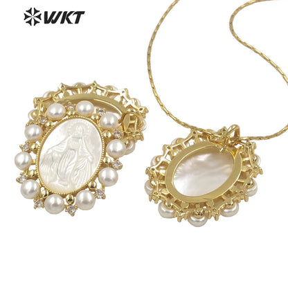 WT-JP277 Amazing Unique Gold Micro Pave Cubic Zircon White Shell Pendant European Hot Gorgeous Pearl Charm Mary Pendant