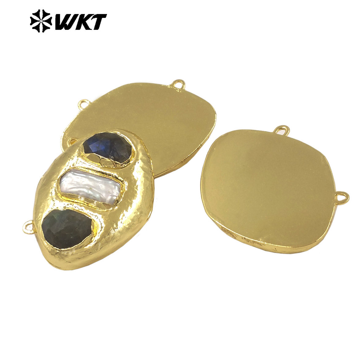 WT-PC021 Delicate 18K Gold Plated Two Natural Stones And Pearl Connectors With Double Hoops For Women Unique Necklace Design