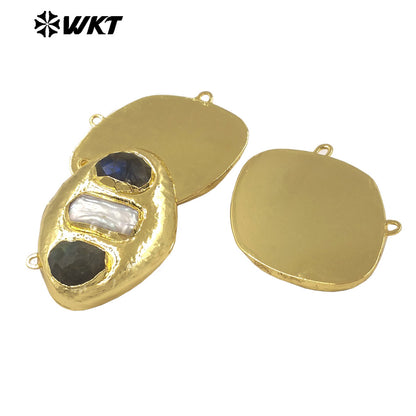 WT-PC021 Delicate 18K Gold Plated Two Natural Stones And Pearl Connectors With Double Hoops For Women Unique Necklace Design