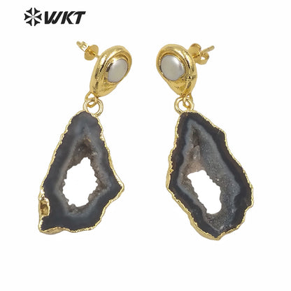 WT-E639 New Natural Black Geode Agate Earrings for Women Fashion Gold Electroplated Real Druzy Stone Dangle Earrings with Pearl