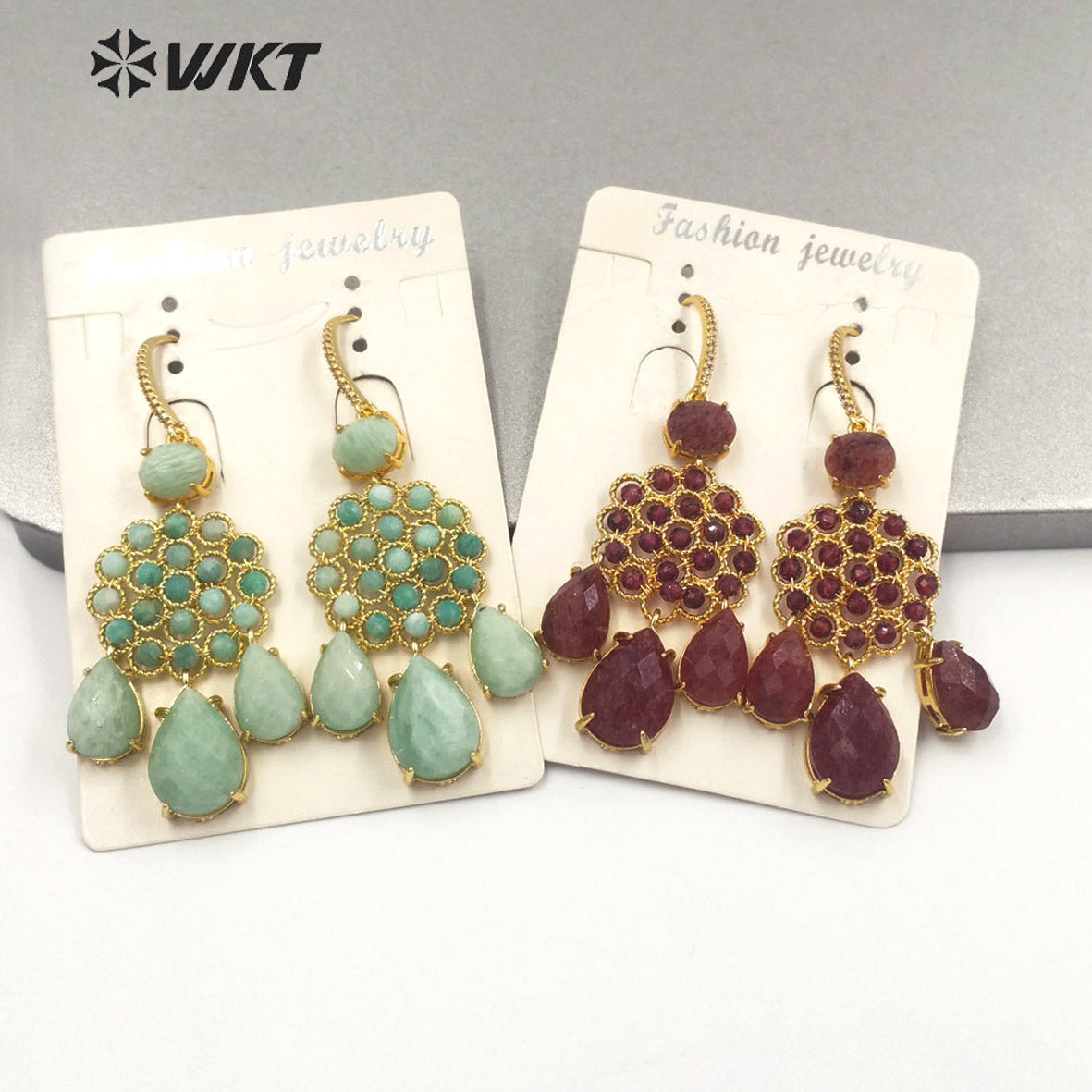WT-E712 WKT Newest Precious Natural Gemstone Teardrop Earrings Labradorite Amethyst Stone Earrings for Party Gold Drop Earrings
