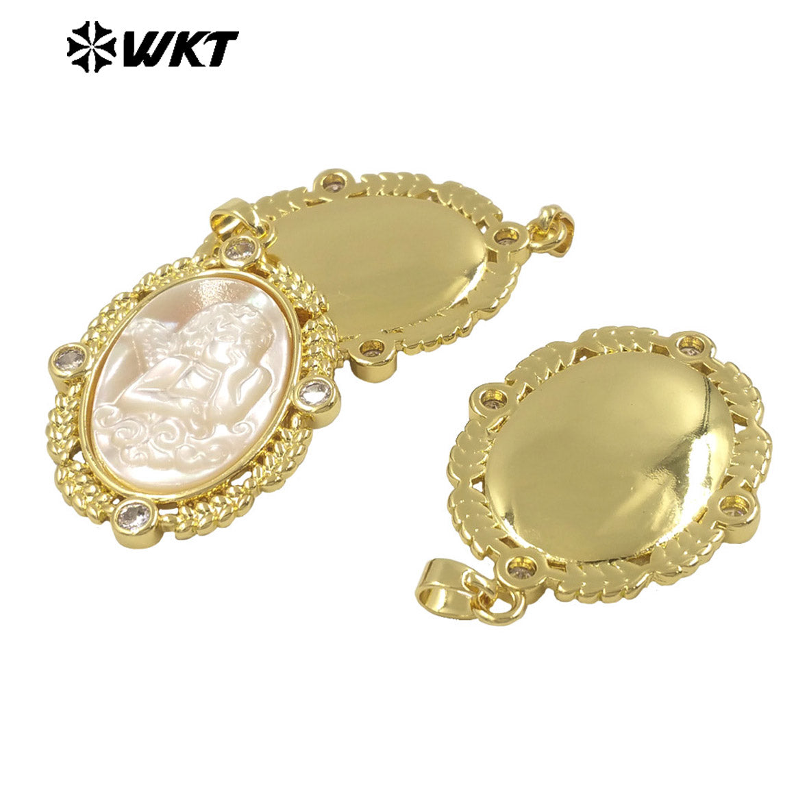 WT-JP371 Wholesale Fashion Gold Plated Oval Shape 18K Real Gold Plated Handmade Carved Mother of Pearl Shell Angel Pendants
