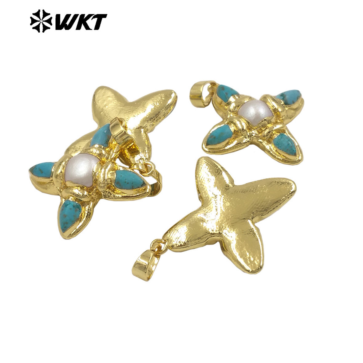 WT-P2038 Exclusive Trendy Design Gold Plated Natural Turquoise And Pearl Pointed Cross Pendants For Women Lovely Gift DIY